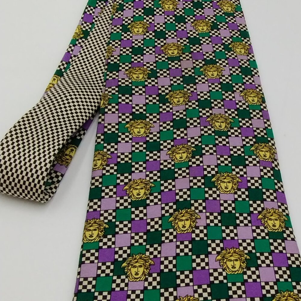 Vintage Gianni Versace Medusa Silk Tie Purple Check